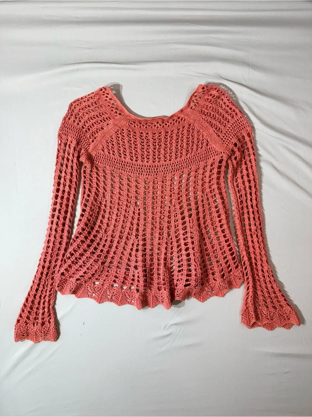 Free People Annabelle Crochet Open-Knit Coral Sweater Top scalloped boho